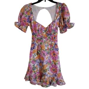 Hello Molly pastel multicolor floral minidress open back ruffle tie size 4